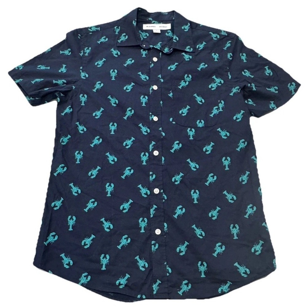 Men's Old Navy Blue Lobster Pattern Short Sleeve Button Down Shirt Size Small